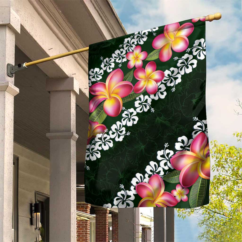Green Polynesia Garden Flag Plumeria With Hibiscus Pattern Tropical Vibes LT14 House Flag Green - Polynesian Pride