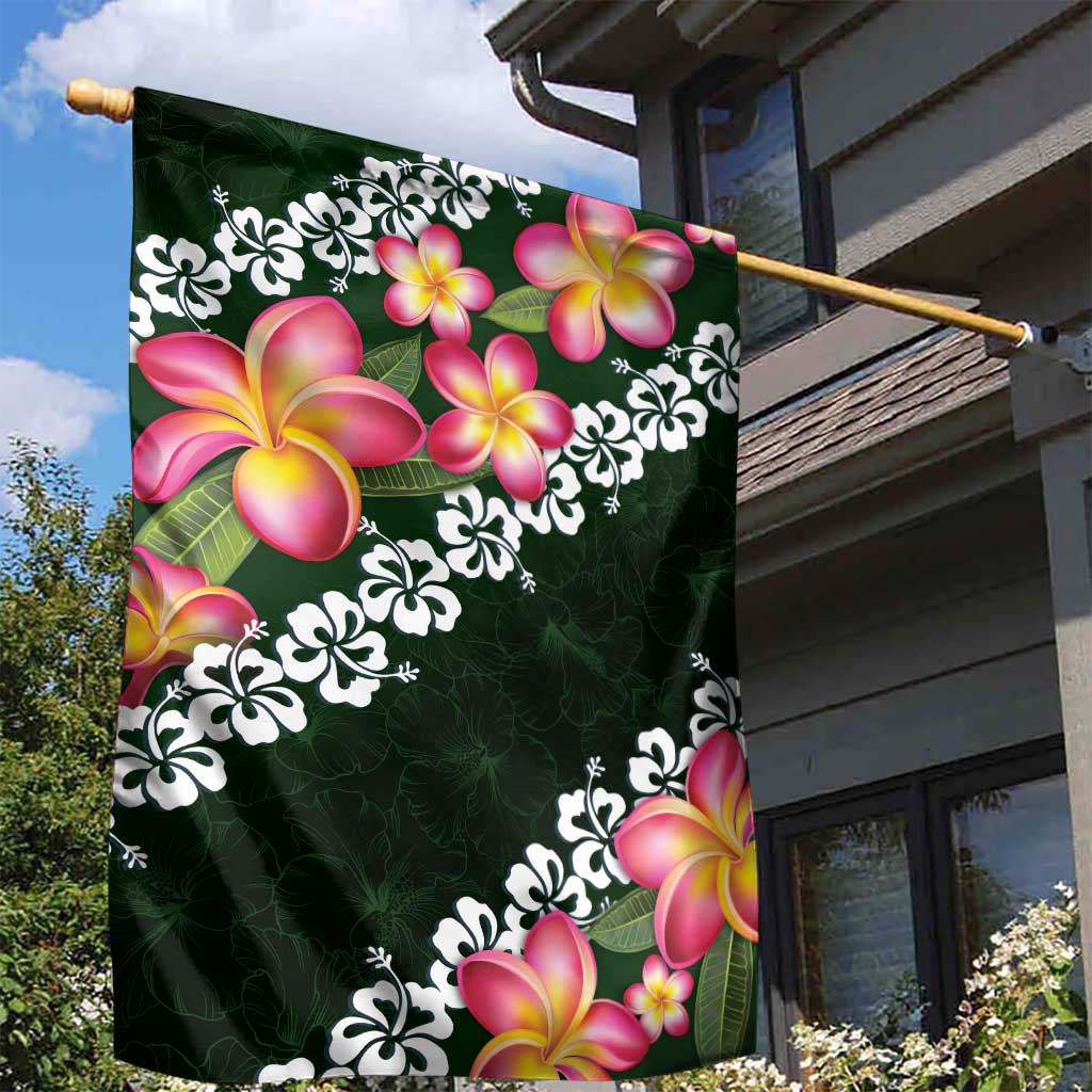 Green Polynesia Garden Flag Plumeria With Hibiscus Pattern Tropical Vibes LT14 - Polynesian Pride
