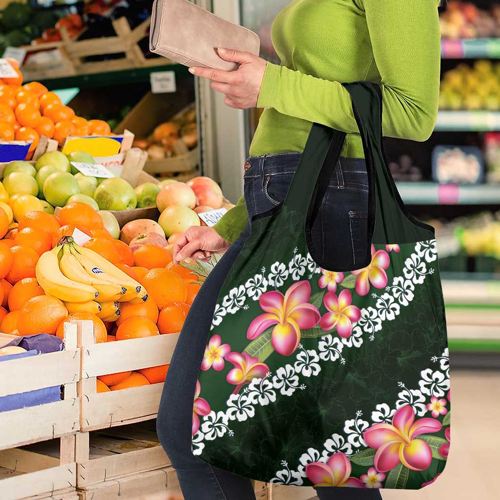 Green Polynesia Grocery Bag Plumeria With Hibiscus Pattern Tropical Vibes LT14 - Polynesian Pride