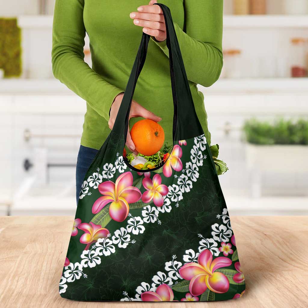 Green Polynesia Grocery Bag Plumeria With Hibiscus Pattern Tropical Vibes LT14 - Polynesian Pride