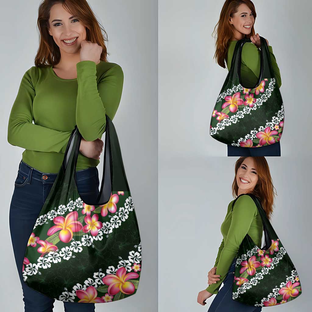 Green Polynesia Grocery Bag Plumeria With Hibiscus Pattern Tropical Vibes LT14 - Polynesian Pride