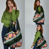 Green Polynesia Grocery Bag Plumeria With Hibiscus Pattern Tropical Vibes LT14 - Polynesian Pride