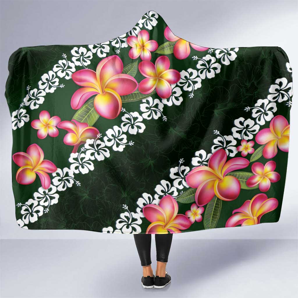 Green Polynesia Hooded Blanket Plumeria With Hibiscus Pattern Tropical Vibes