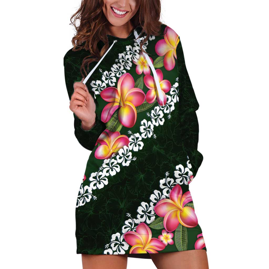 Green Polynesia Hoodie Dress Plumeria With Hibiscus Pattern Tropical Vibes LT14 Green - Polynesian Pride
