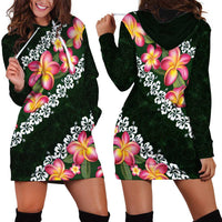 Green Polynesia Hoodie Dress Plumeria With Hibiscus Pattern Tropical Vibes LT14 - Polynesian Pride