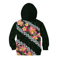 Green Polynesia Kid Hoodie Plumeria With Hibiscus Pattern Tropical Vibes