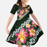 Green Polynesia Kid Short Sleeve Dress Plumeria With Hibiscus Pattern Tropical Vibes