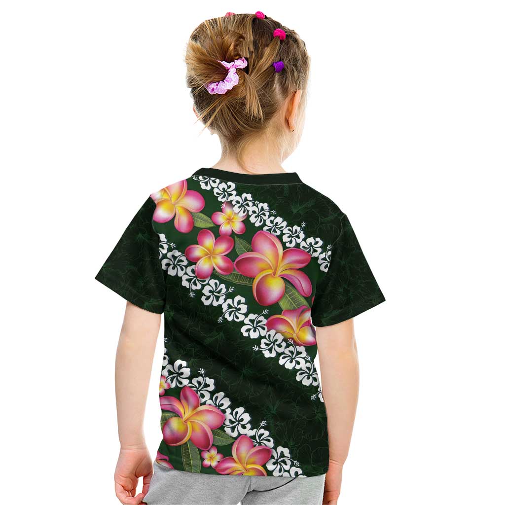 Green Polynesia Kid T Shirt Plumeria With Hibiscus Pattern Tropical Vibes