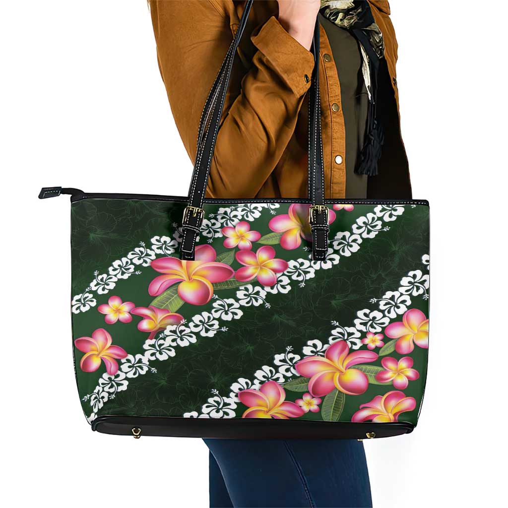 Green Polynesia Leather Tote Bag Plumeria With Hibiscus Pattern Tropical Vibes LT14 - Polynesian Pride