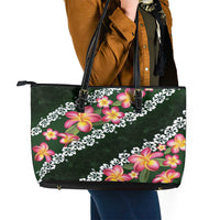 Green Polynesia Leather Tote Bag Plumeria With Hibiscus Pattern Tropical Vibes LT14 - Polynesian Pride