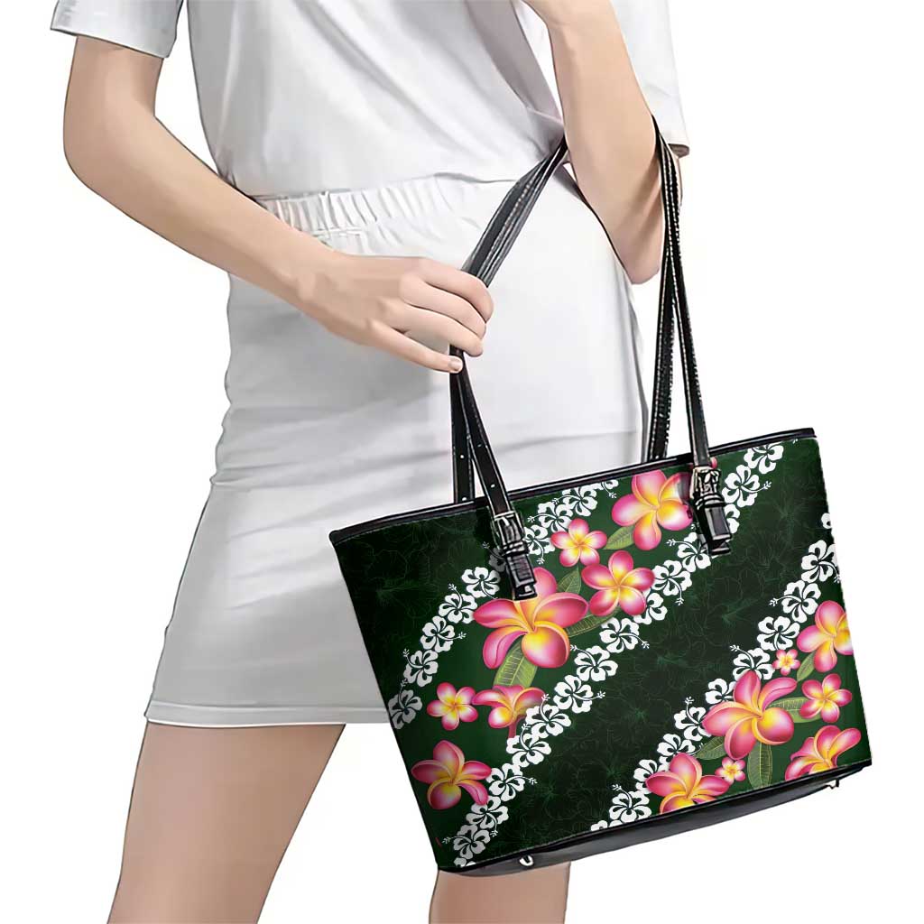 Green Polynesia Leather Tote Bag Plumeria With Hibiscus Pattern Tropical Vibes LT14 - Polynesian Pride