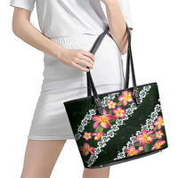 Green Polynesia Leather Tote Bag Plumeria With Hibiscus Pattern Tropical Vibes LT14 - Polynesian Pride