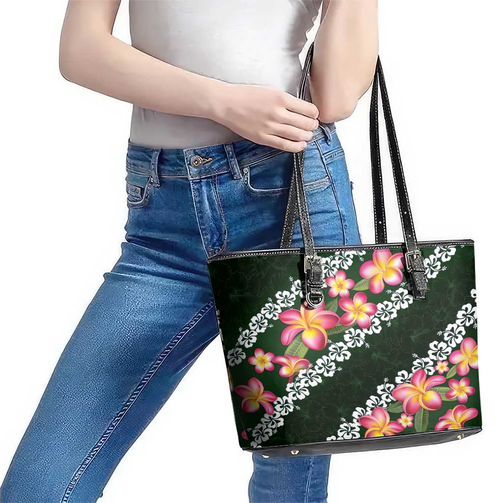 Green Polynesia Leather Tote Bag Plumeria With Hibiscus Pattern Tropical Vibes LT14 - Polynesian Pride