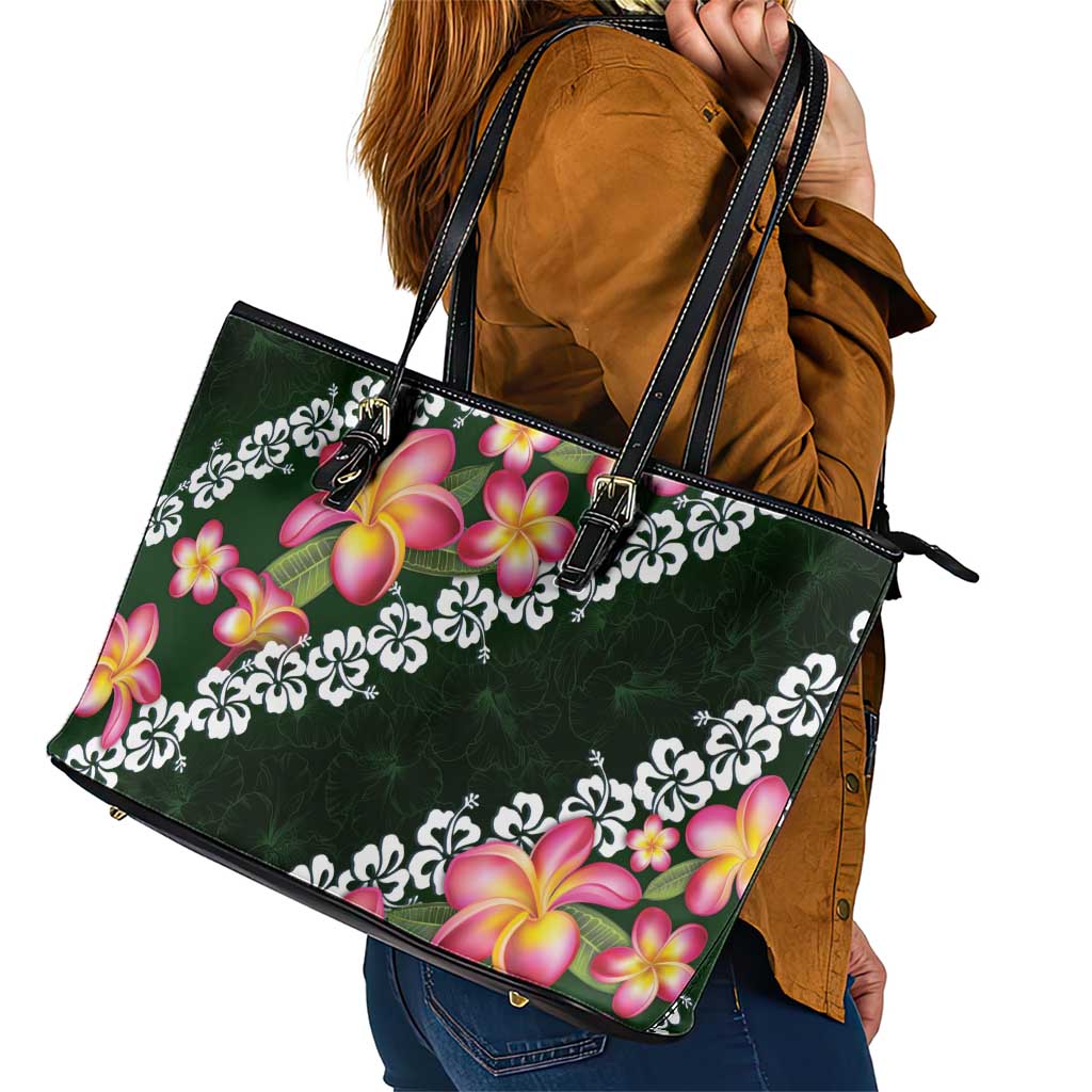 Green Polynesia Leather Tote Bag Plumeria With Hibiscus Pattern Tropical Vibes LT14 - Polynesian Pride