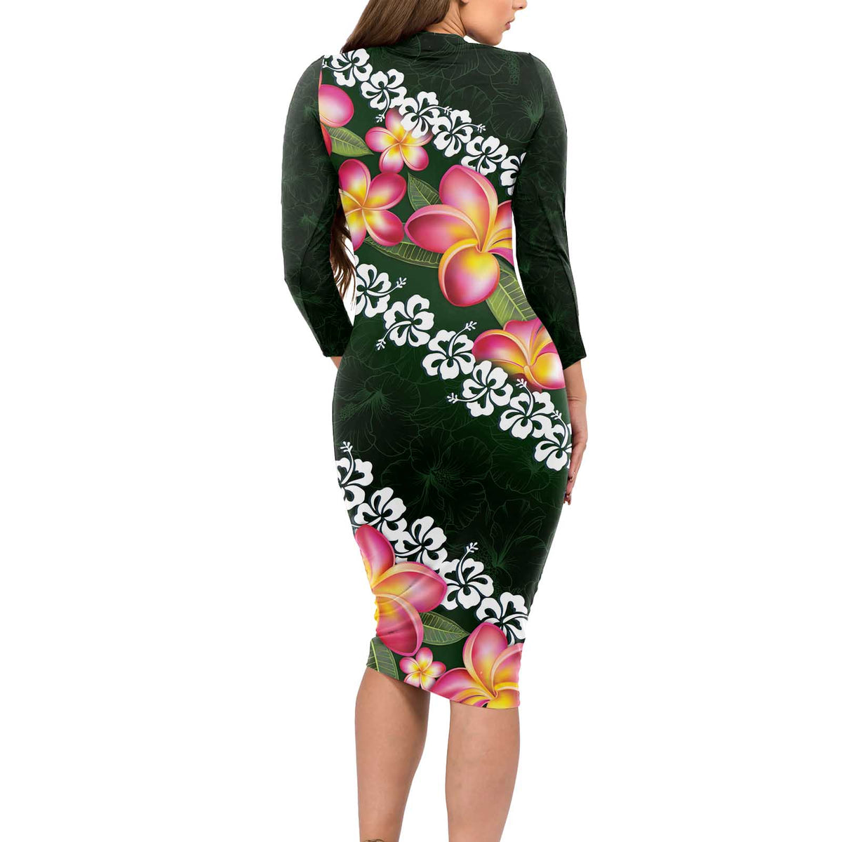 Green Polynesia Long Sleeve Bodycon Dress Plumeria With Hibiscus Pattern Tropical Vibes