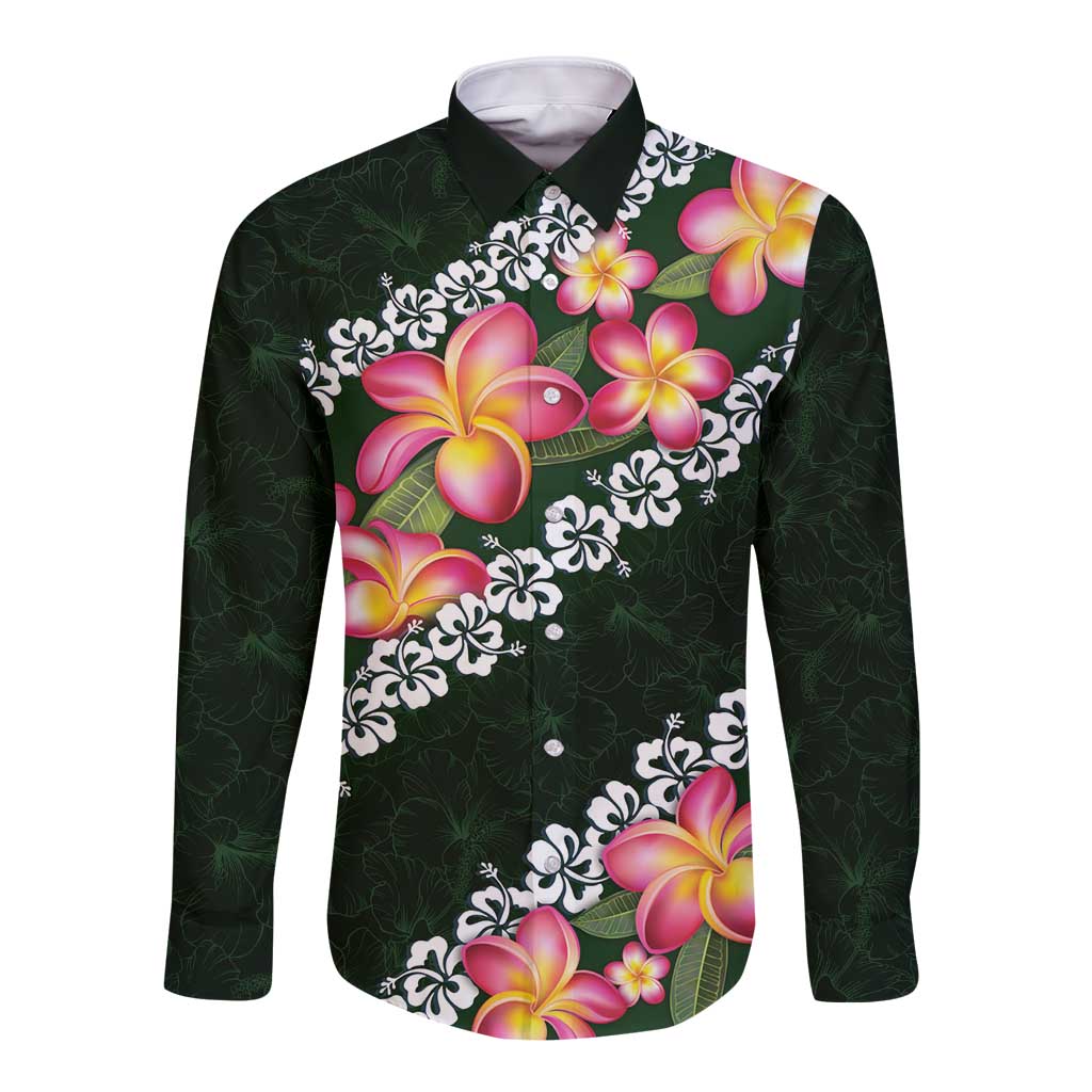 Green Polynesia Long Sleeve Button Shirt Plumeria With Hibiscus Pattern Tropical Vibes