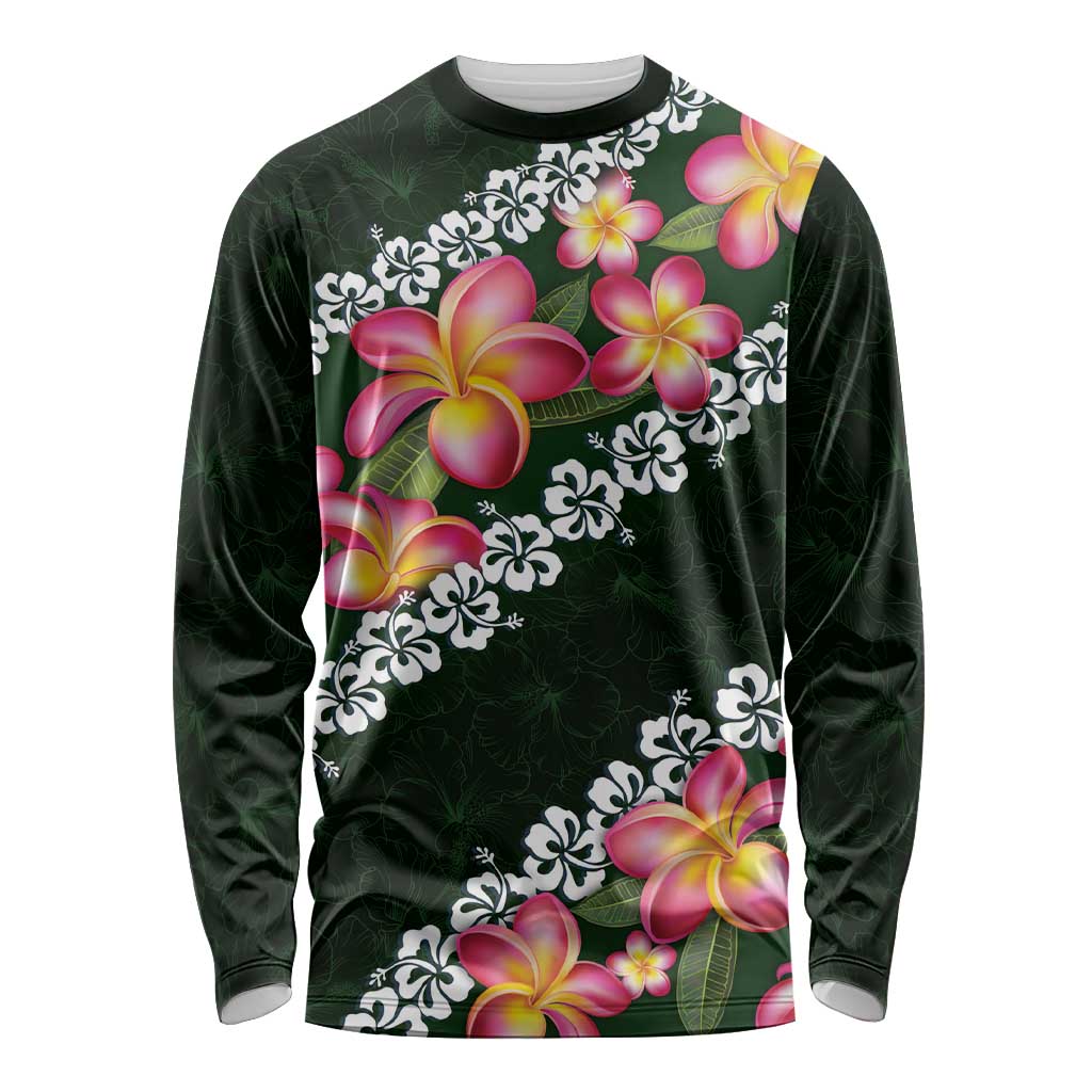 Green Polynesia Long Sleeve Shirt Plumeria With Hibiscus Pattern Tropical Vibes