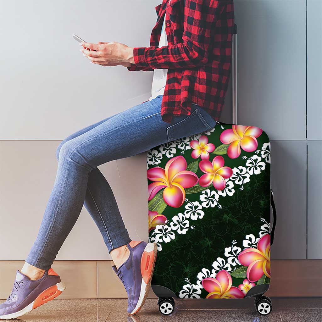 Green Polynesia Luggage Cover Plumeria With Hibiscus Pattern Tropical Vibes