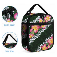 Green Polynesia Lunch Bag Plumeria With Hibiscus Pattern Tropical Vibes LT14 - Polynesian Pride