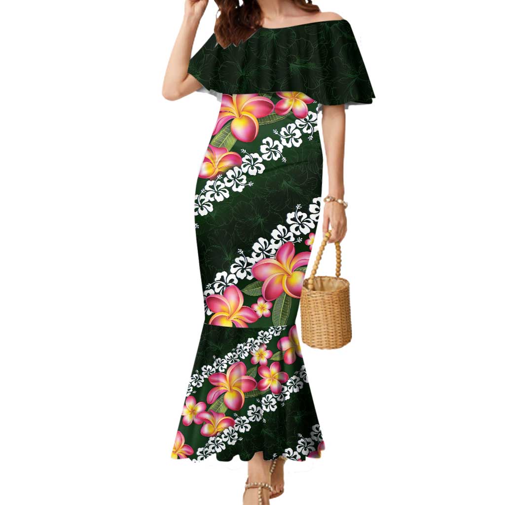 Green Polynesia Mermaid Dress Plumeria With Hibiscus Pattern Tropical Vibes