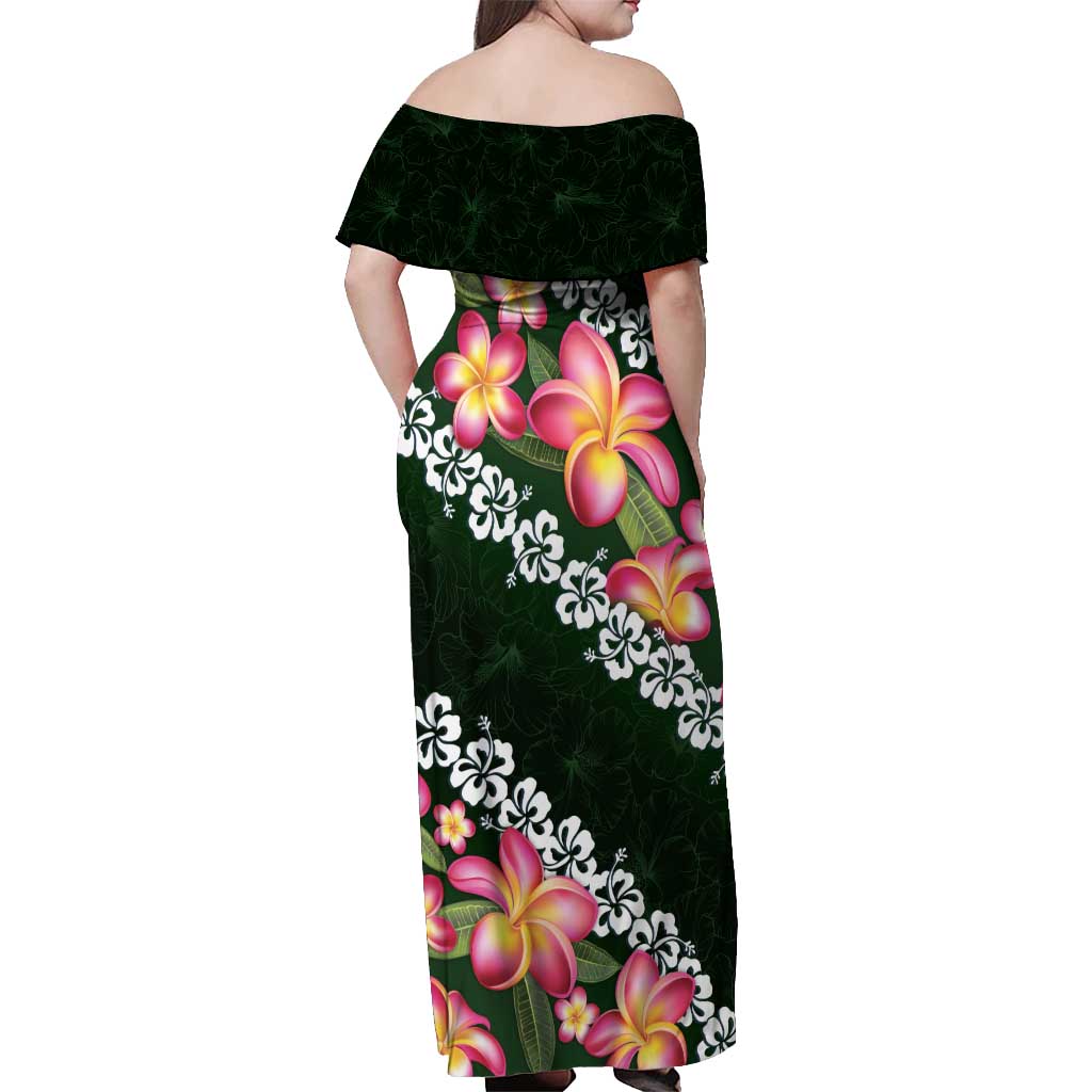 Green Polynesia Off Shoulder Maxi Dress Plumeria With Hibiscus Pattern Tropical Vibes LT14 - Polynesian Pride