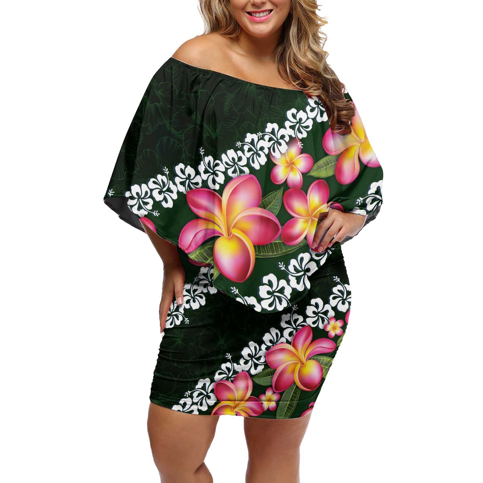 Green Polynesia Off Shoulder Short Dress Plumeria With Hibiscus Pattern Tropical Vibes LT14 Women Green - Polynesian Pride