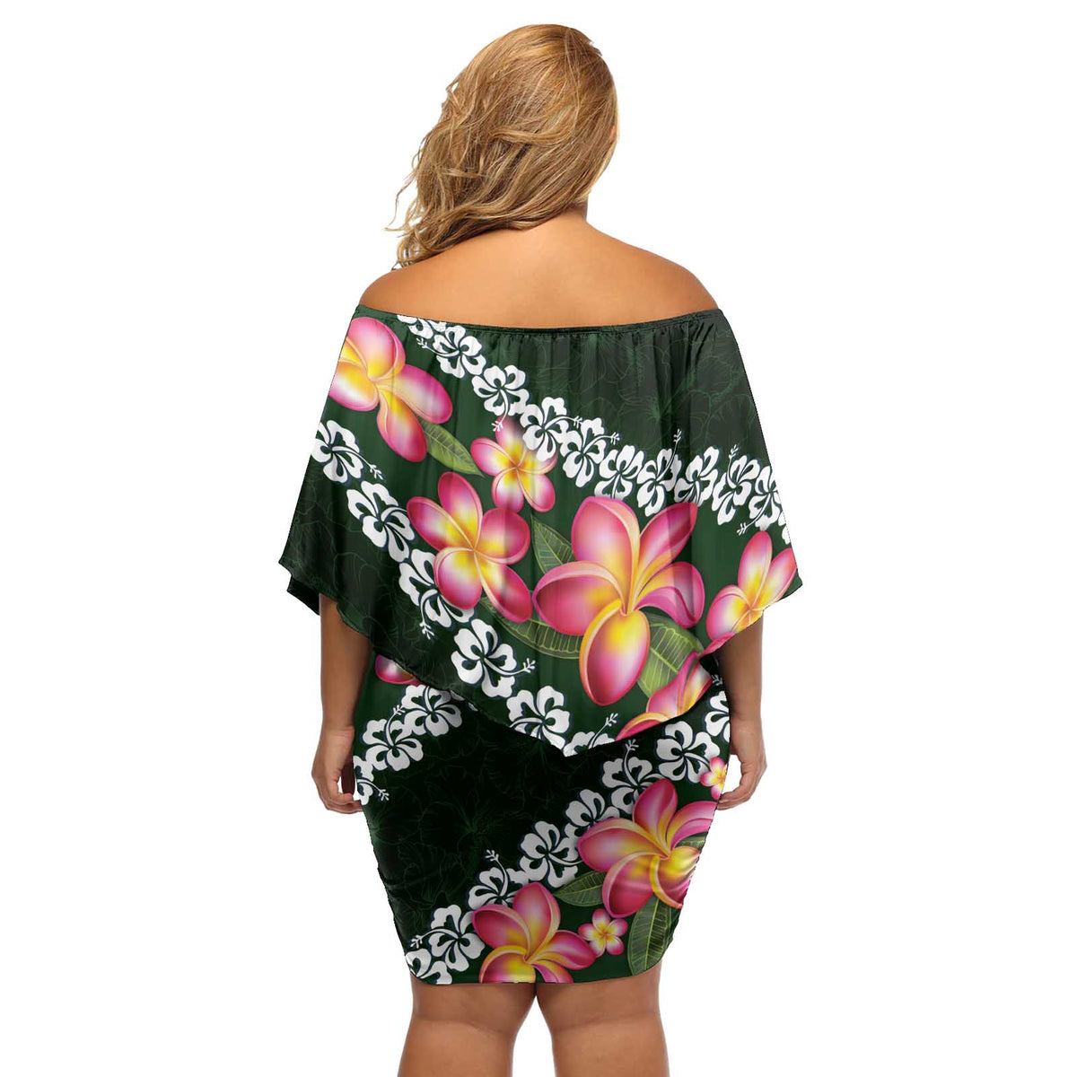 Green Polynesia Off Shoulder Short Dress Plumeria With Hibiscus Pattern Tropical Vibes LT14 - Polynesian Pride
