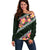 Green Polynesia Off Shoulder Sweater Plumeria With Hibiscus Pattern Tropical Vibes