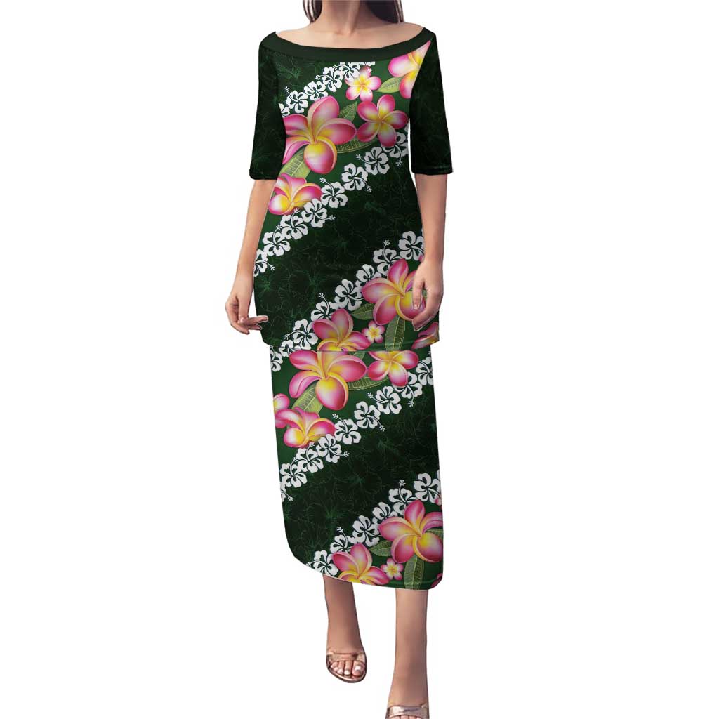 Green Polynesia Puletasi Plumeria With Hibiscus Pattern Tropical Vibes LT14 Long Dress Green - Polynesian Pride
