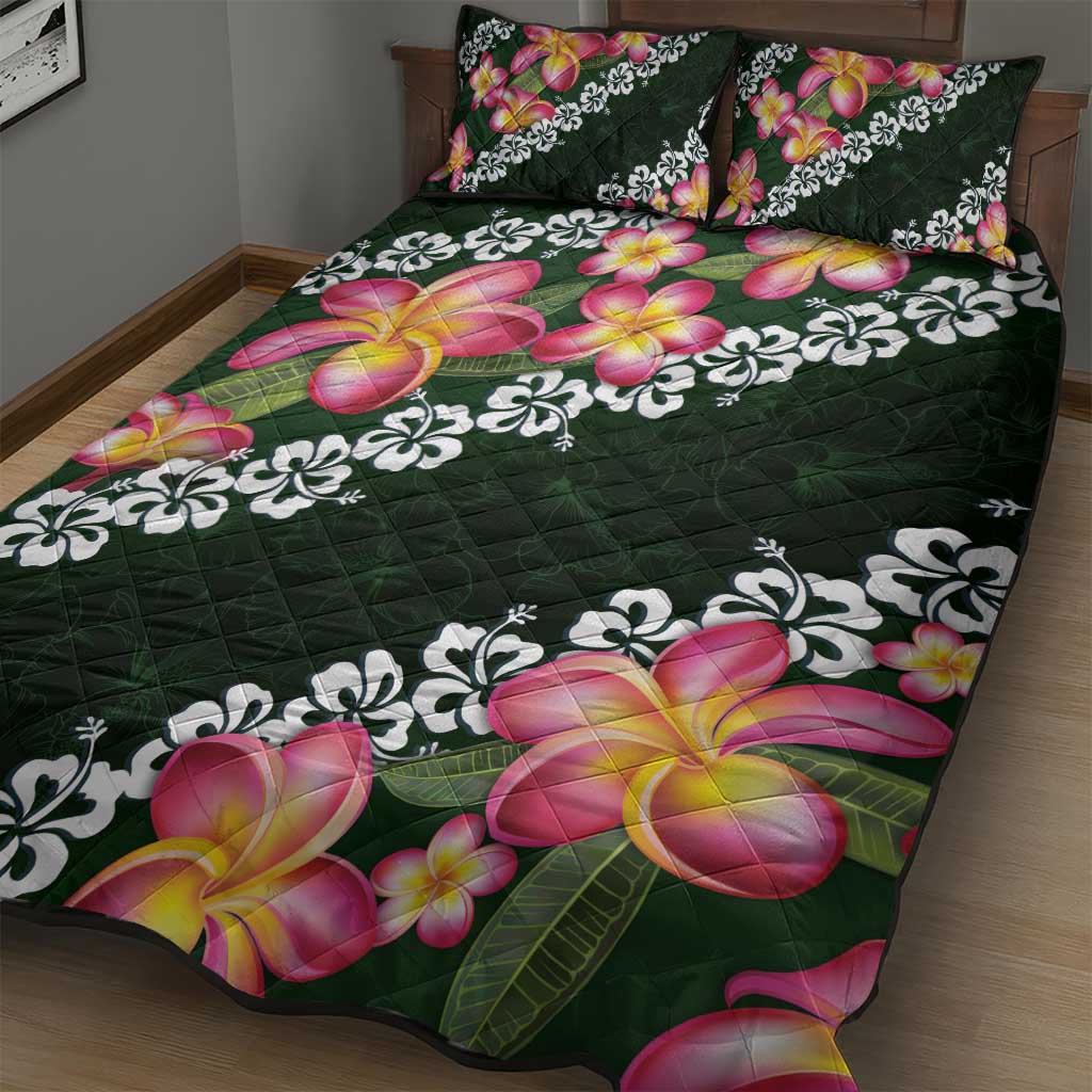 Green Polynesia Quilt Bed Set Plumeria With Hibiscus Pattern Tropical Vibes LT14 - Polynesian Pride