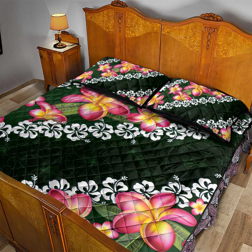 Green Polynesia Quilt Bed Set Plumeria With Hibiscus Pattern Tropical Vibes LT14 - Polynesian Pride