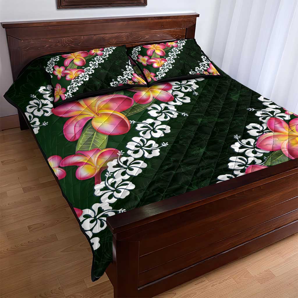 Green Polynesia Quilt Bed Set Plumeria With Hibiscus Pattern Tropical Vibes LT14 - Polynesian Pride