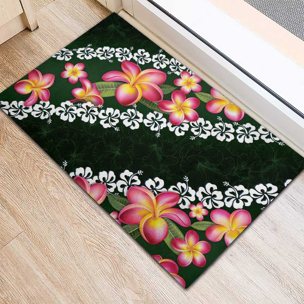 Green Polynesia Rubber Doormat Plumeria With Hibiscus Pattern Tropical Vibes LT14 - Polynesian Pride
