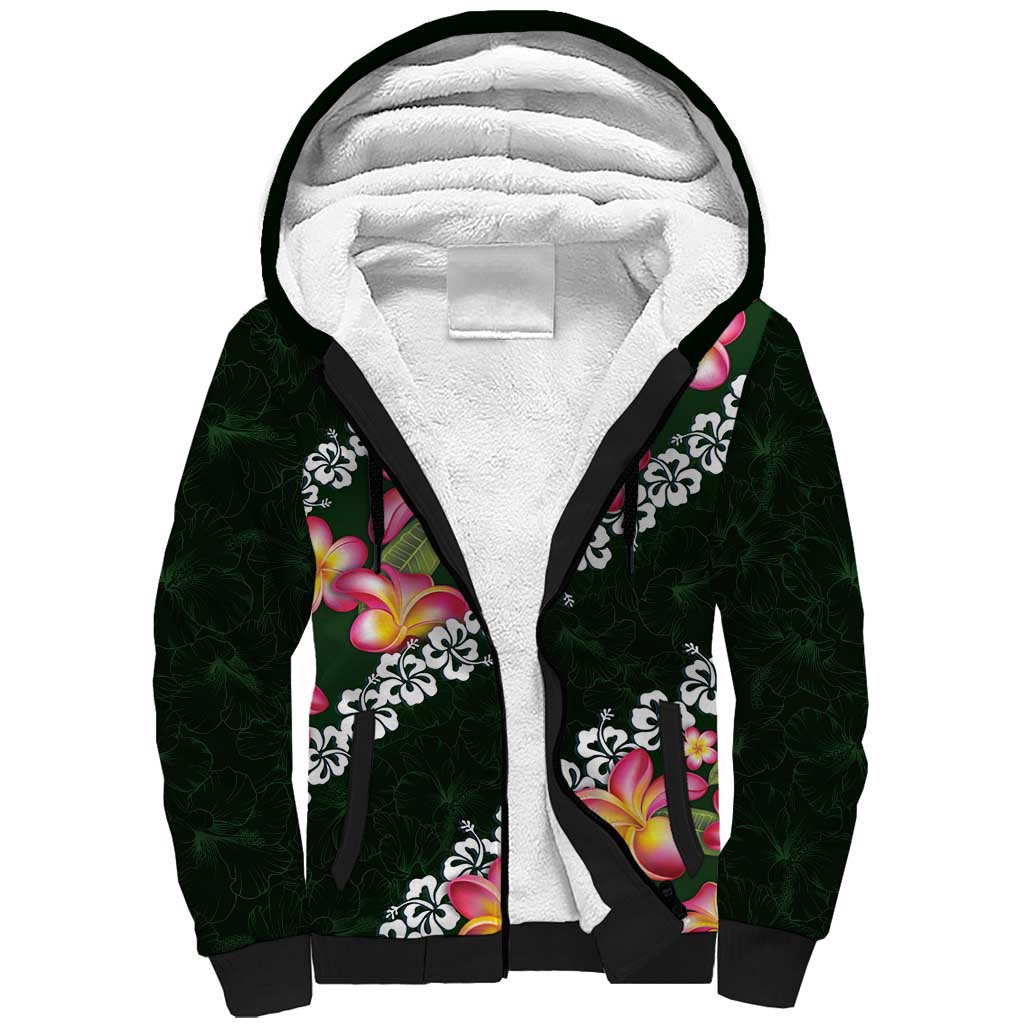 Green Polynesia Sherpa Hoodie Plumeria With Hibiscus Pattern Tropical Vibes LT14 Unisex Green - Polynesian Pride