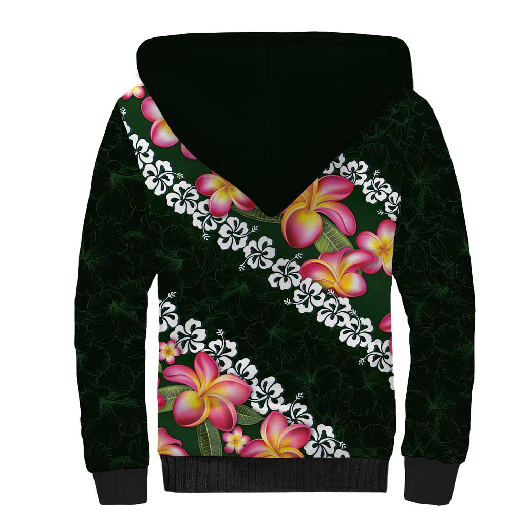 Green Polynesia Sherpa Hoodie Plumeria With Hibiscus Pattern Tropical Vibes LT14 - Polynesian Pride