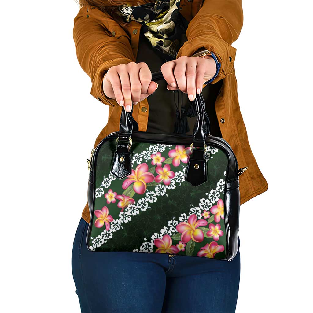 Green Polynesia Shoulder Handbag Plumeria With Hibiscus Pattern Tropical Vibes