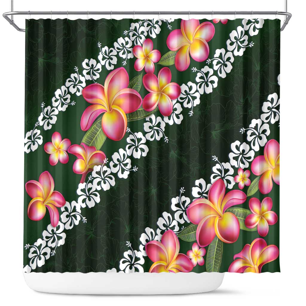 Green Polynesia Shower Curtain Plumeria With Hibiscus Pattern Tropical Vibes