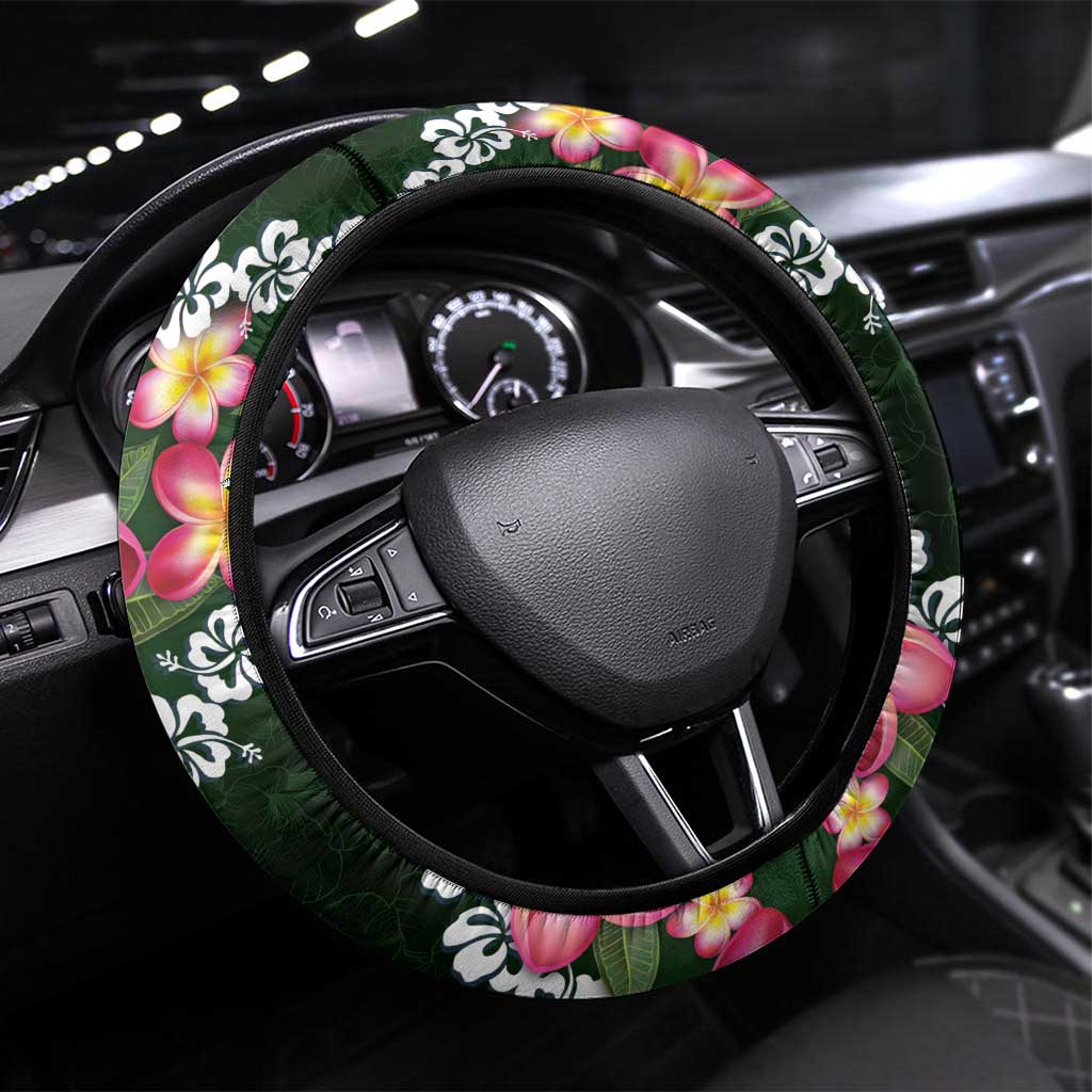 Green Polynesia Steering Wheel Cover Plumeria With Hibiscus Pattern Tropical Vibes LT14 Universal Fit Green - Polynesian Pride