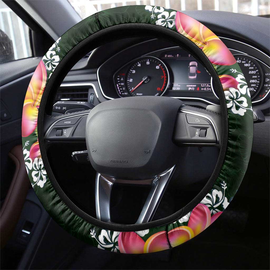 Green Polynesia Steering Wheel Cover Plumeria With Hibiscus Pattern Tropical Vibes LT14 - Polynesian Pride