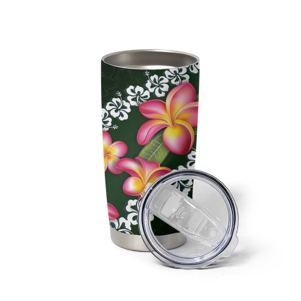 Green Polynesia Tumbler Cup Plumeria With Hibiscus Pattern Tropical Vibes LT14 - Polynesian Pride