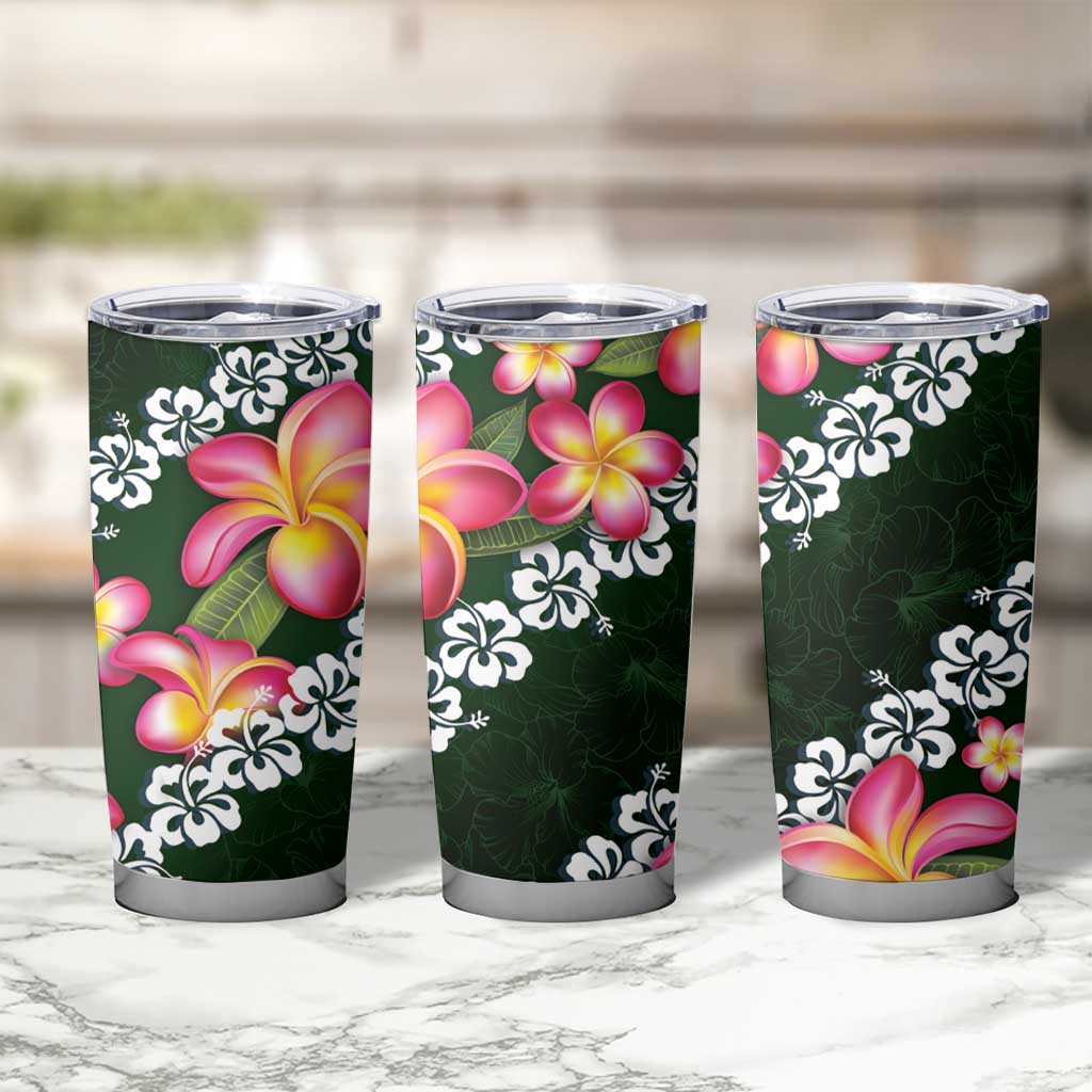 Green Polynesia Tumbler Cup Plumeria With Hibiscus Pattern Tropical Vibes LT14 - Polynesian Pride