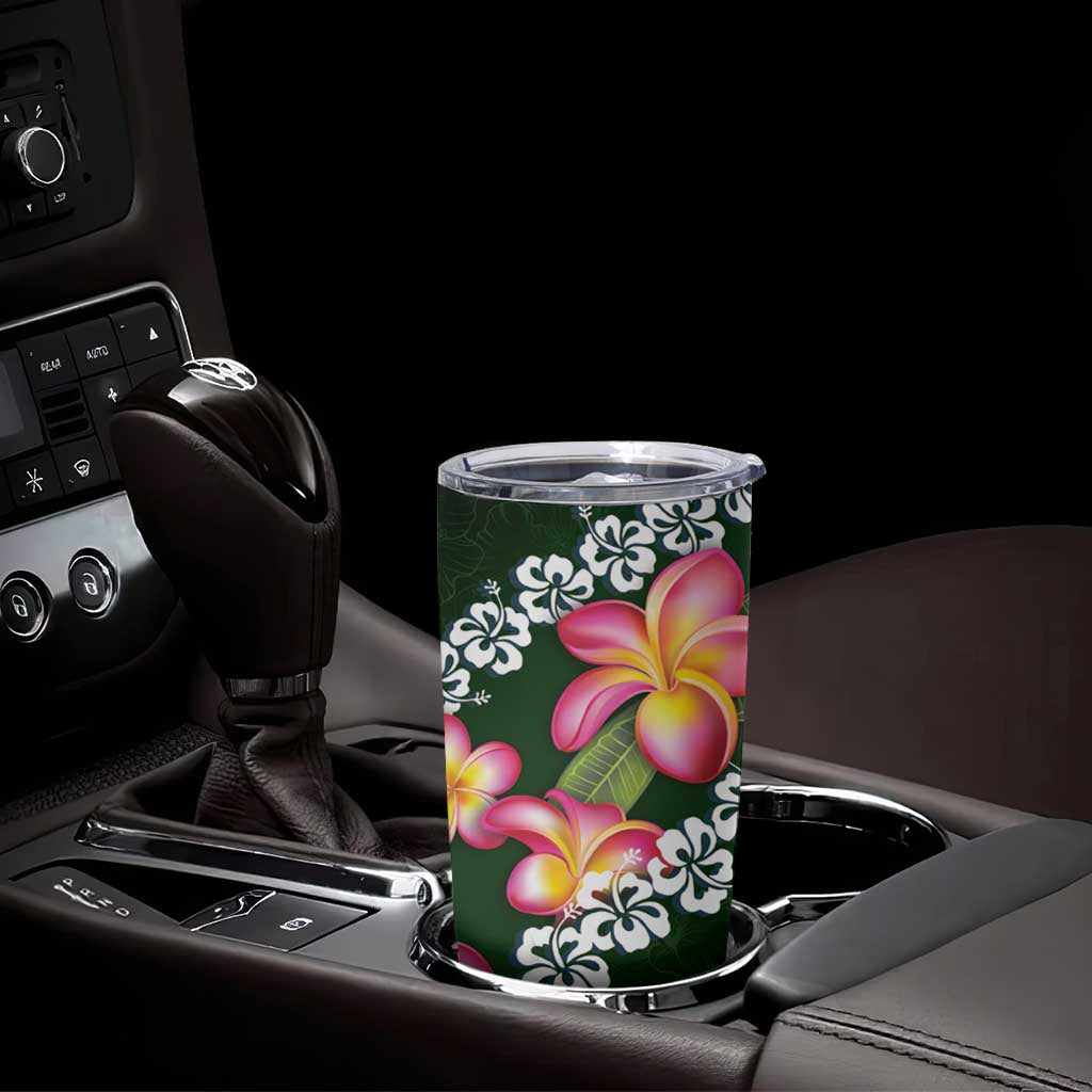 Green Polynesia Tumbler Cup Plumeria With Hibiscus Pattern Tropical Vibes LT14 - Polynesian Pride
