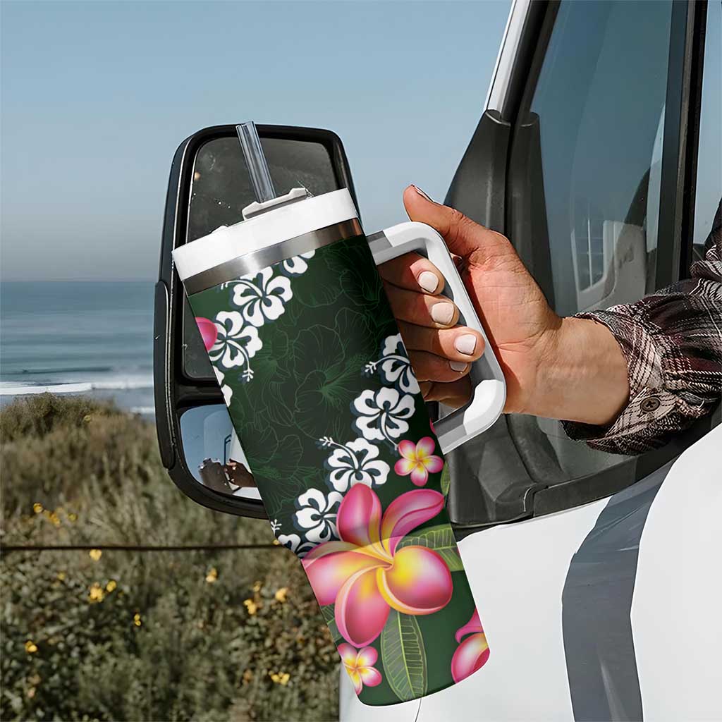 Green Polynesia Tumbler With Handle Plumeria With Hibiscus Pattern Tropical Vibes