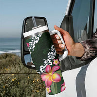 Green Polynesia Tumbler With Handle Plumeria With Hibiscus Pattern Tropical Vibes
