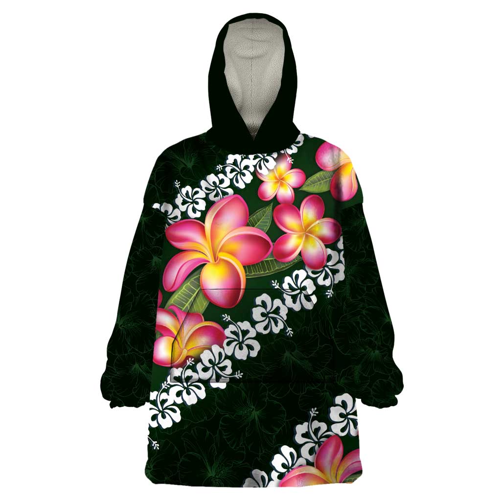 Green Polynesia Wearable Blanket Hoodie Plumeria With Hibiscus Pattern Tropical Vibes LT14 One Size Green - Polynesian Pride
