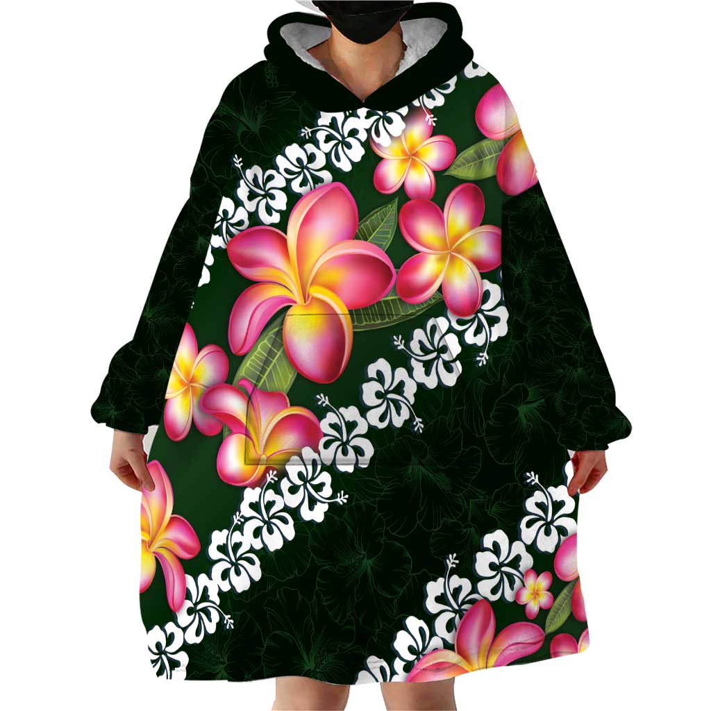 Green Polynesia Wearable Blanket Hoodie Plumeria With Hibiscus Pattern Tropical Vibes LT14 - Polynesian Pride