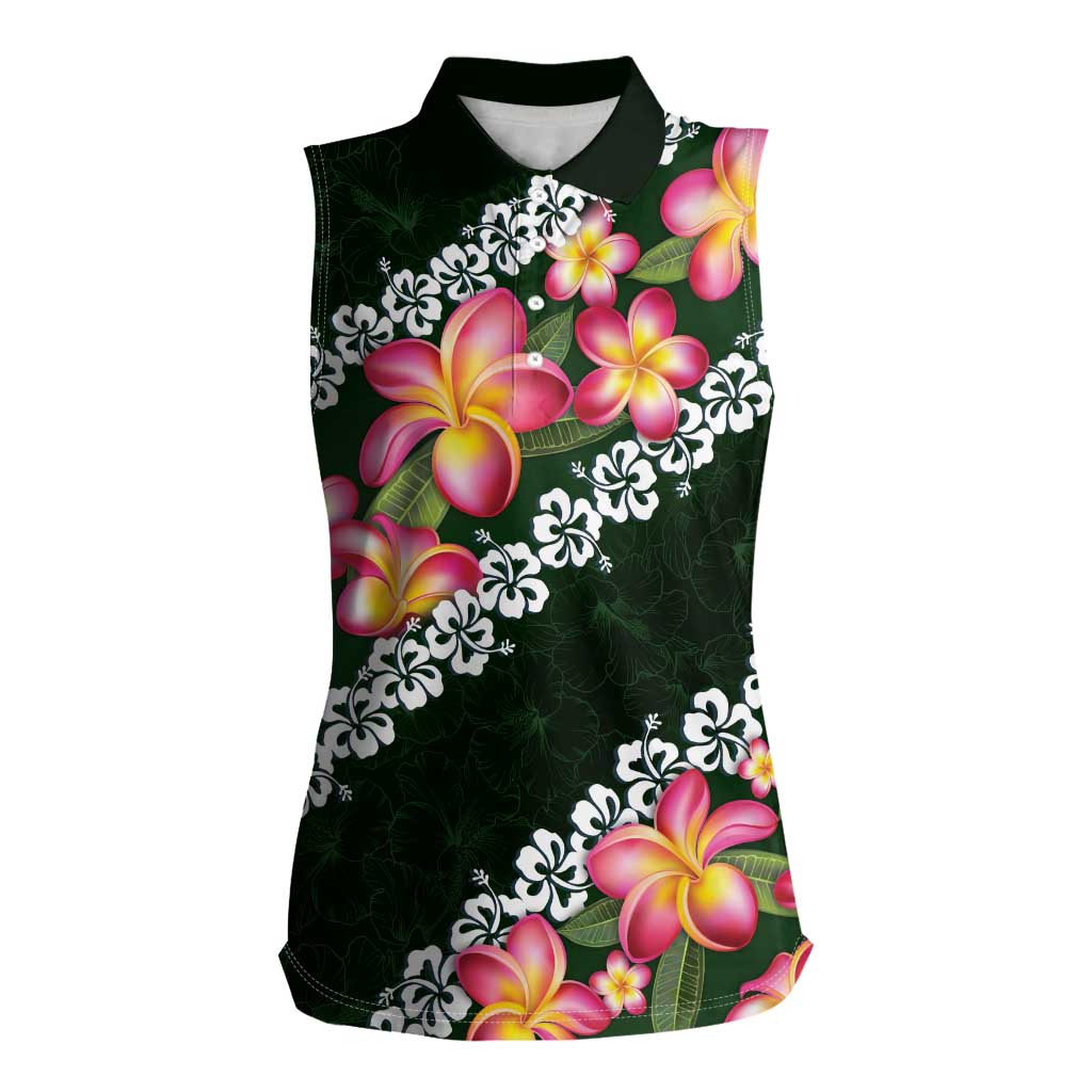 Green Polynesia Women Sleeveless Polo Shirt Plumeria With Hibiscus Pattern Tropical Vibes