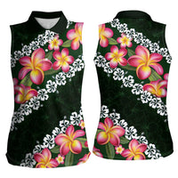 Green Polynesia Women Sleeveless Polo Shirt Plumeria With Hibiscus Pattern Tropical Vibes