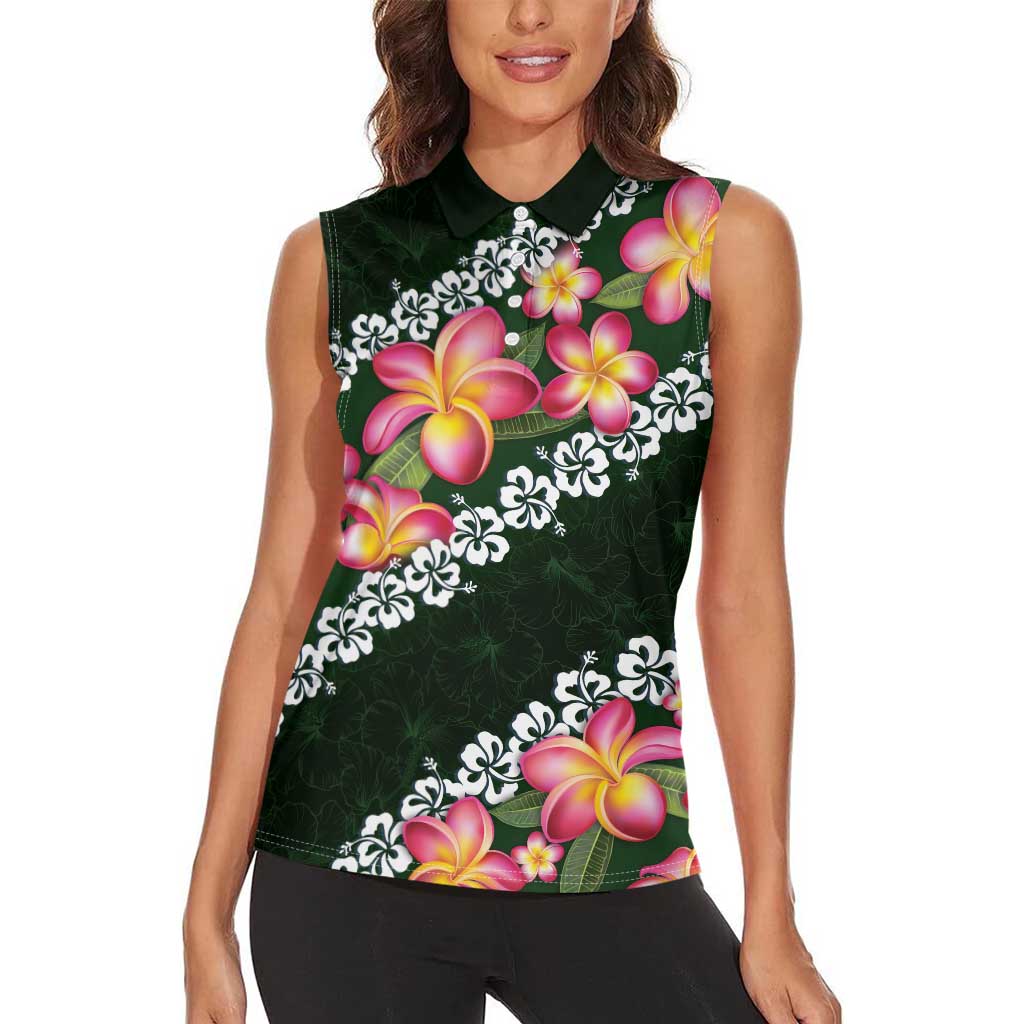 Green Polynesia Women Sleeveless Polo Shirt Plumeria With Hibiscus Pattern Tropical Vibes
