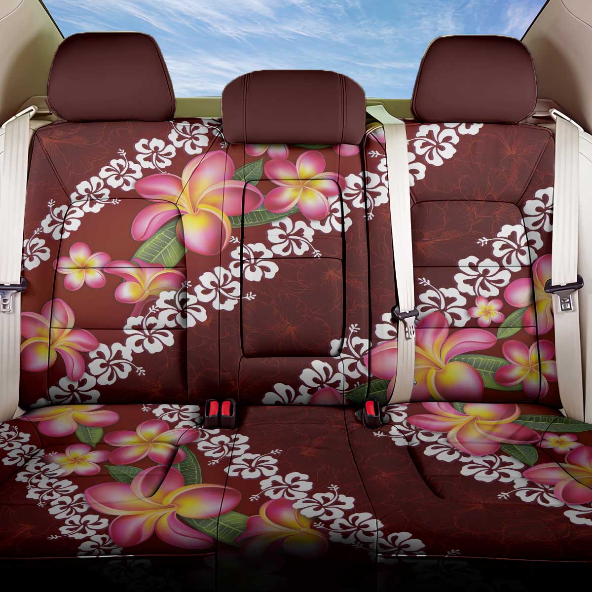 Oxblood Polynesia Back Car Seat Cover Plumeria With Hibiscus Pattern Tropical Vibes